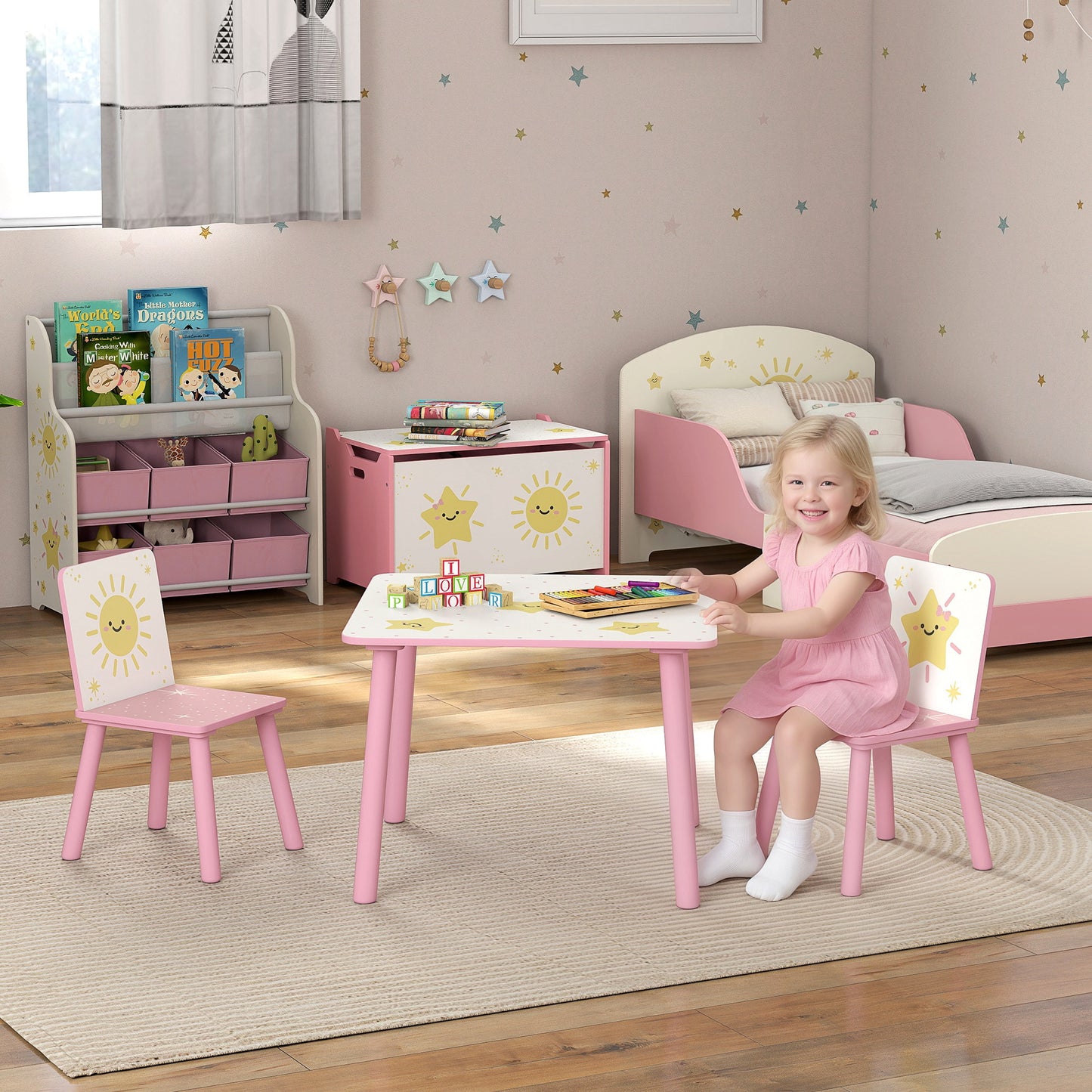 3-Piece Toddler Table and Chair Set, Kids Table with 2 Chairs Set for Bedroom, Nursery, Playroom, Pink