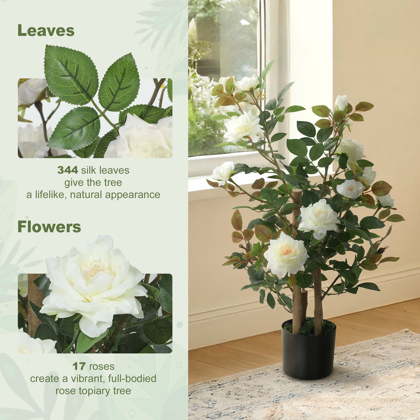 90cm Artificial Rose Tree, Decorative Fake Plant with 344 Silk Leaves 17 Flowers for Outdoor Indoor Decor, White