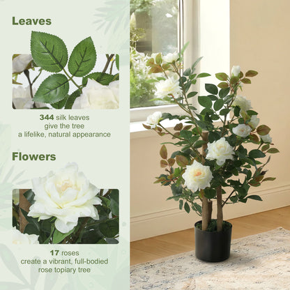 90cm Artificial Rose Tree, Decorative Fake Plant with 344 Silk Leaves 17 Flowers for Outdoor Indoor Decor, White