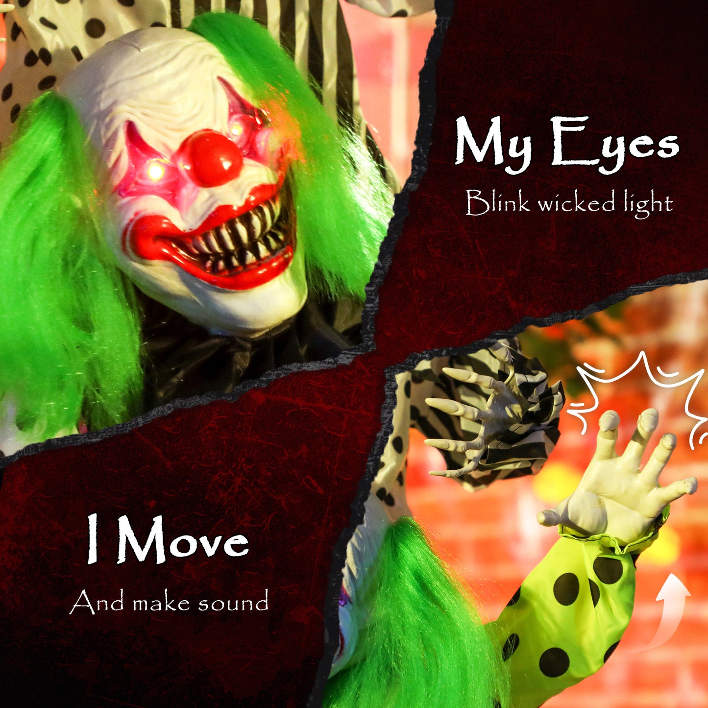 Life Size Stackable Halloween Animated Clown with Red Light Up Eyes, Sound Activated Scary Halloween Decorations