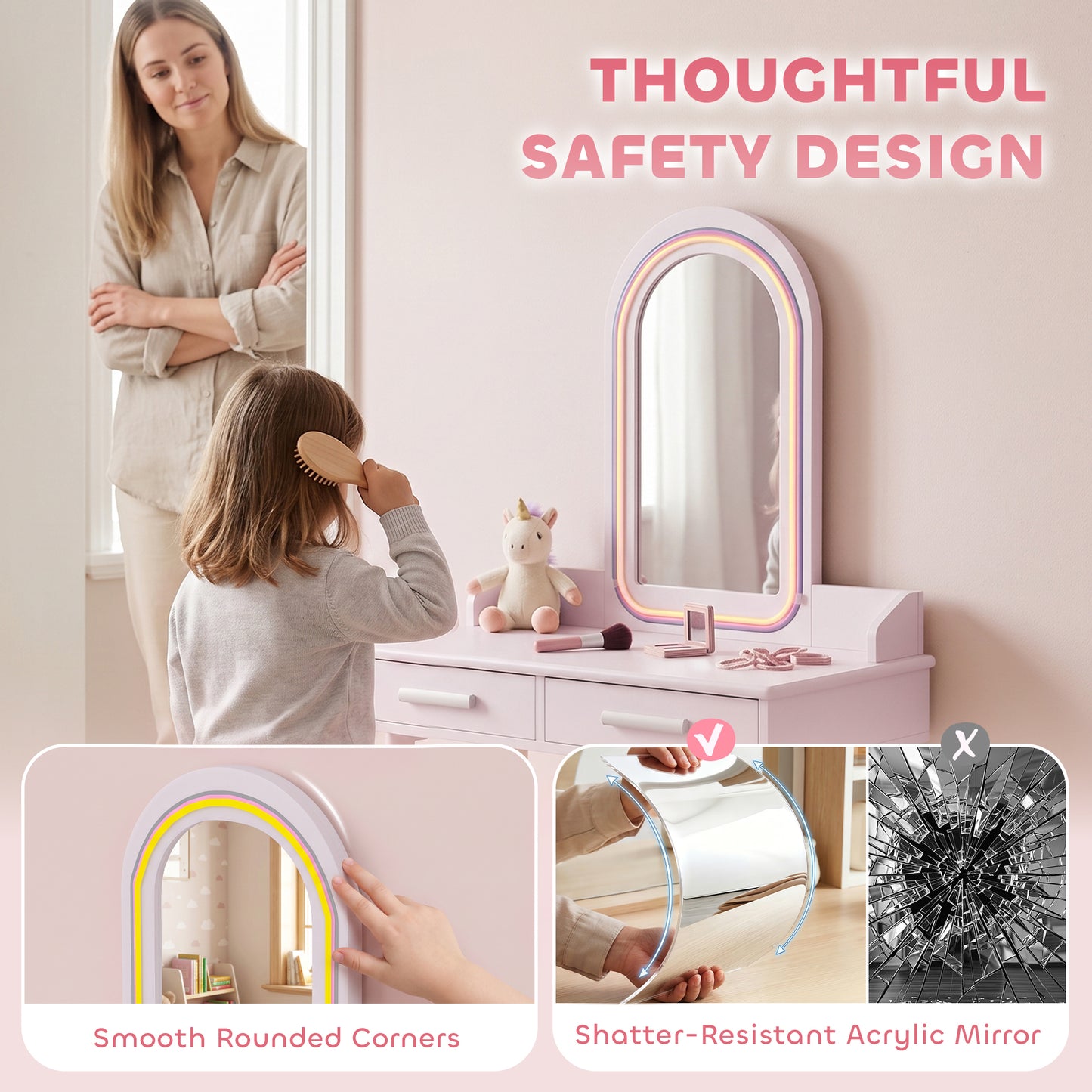 Kids Dressing Table, Girls Vanity Set with Stool, 3-Colour LED Lights Mirror, Large Drawer for Ages 3-8, Pink