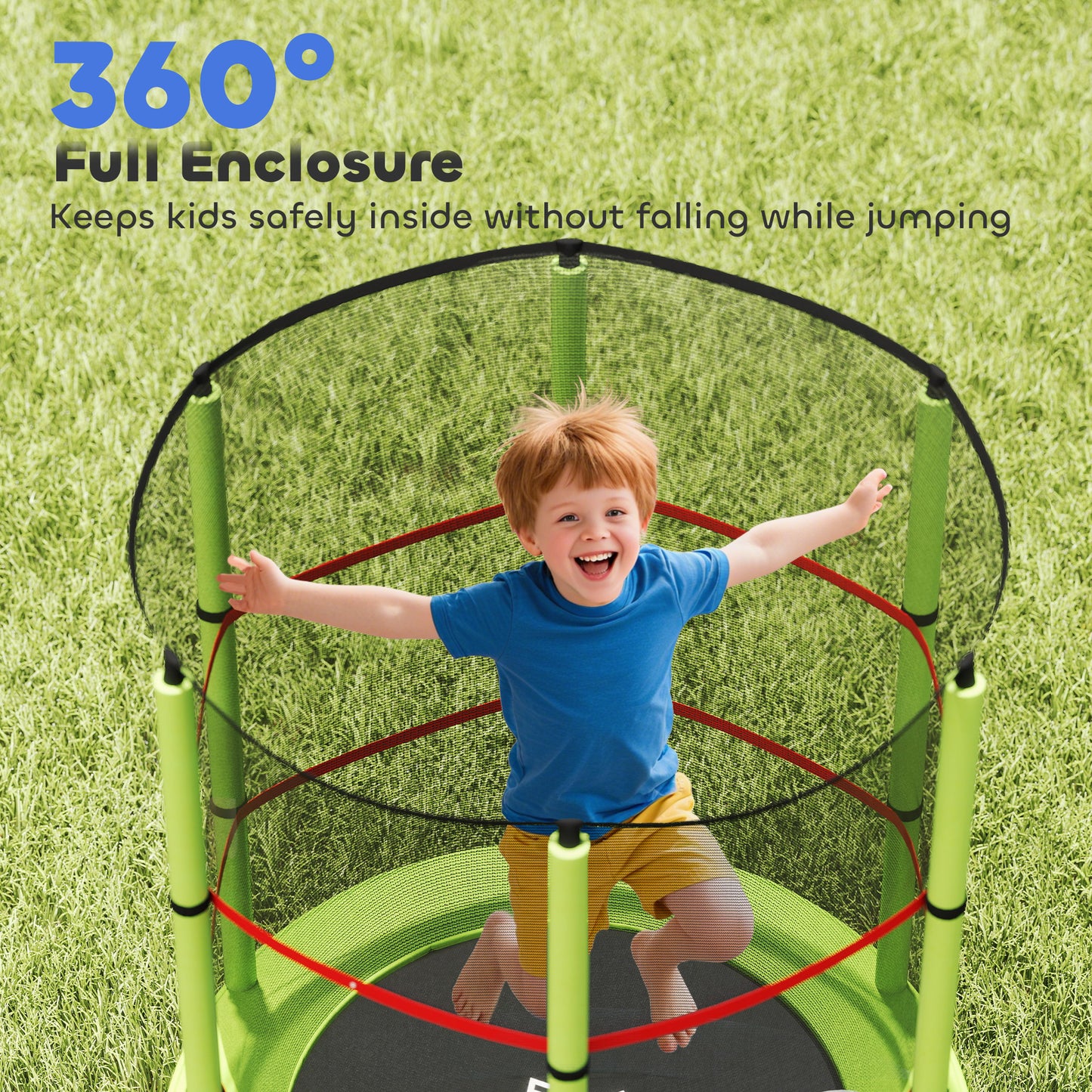 Kids Trampoline, with Enclosure Net, Steel Frame, for Ages 3-6 Years - Green