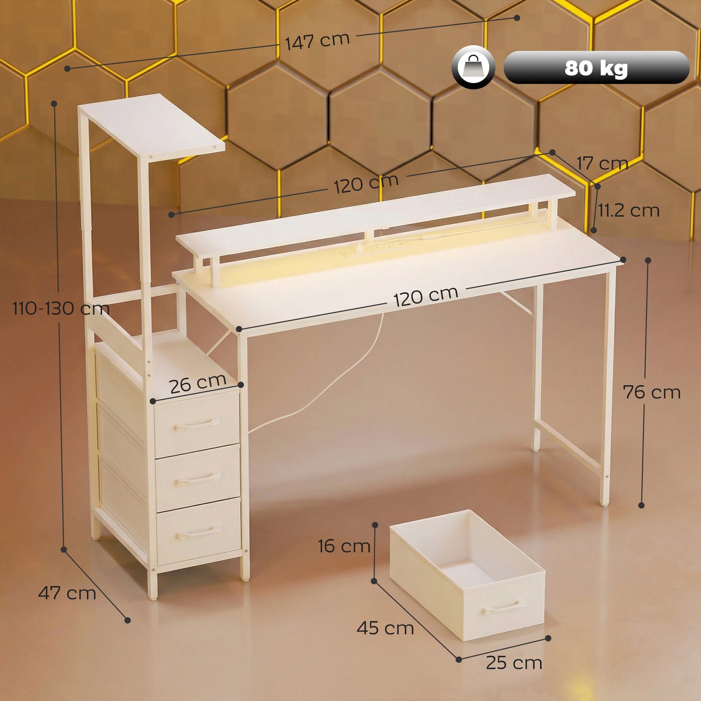147cm Gaming Desk with Charging Station and Monitor Stand, Computer Table for Home Office with RGB Lights, White