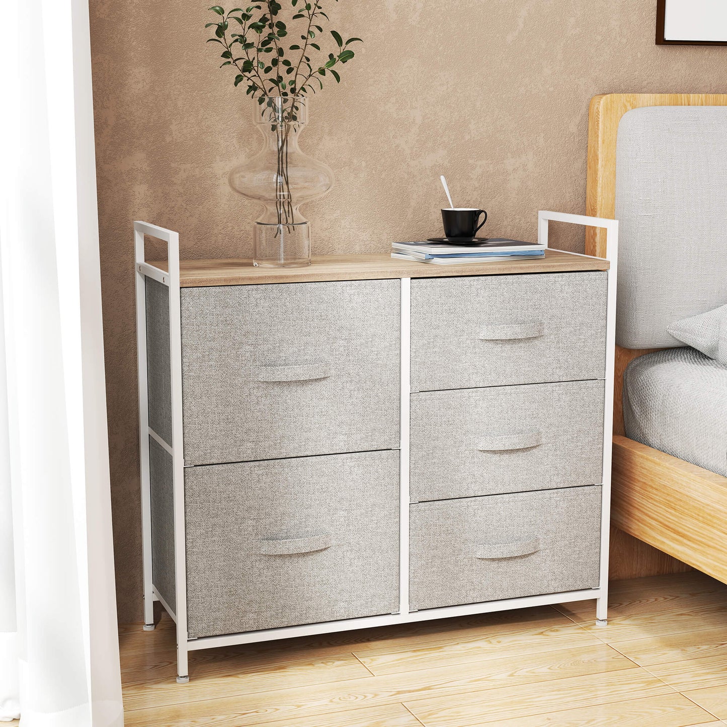 5 Drawer Linen Basket Storage Unit Home Organisation w/ Shelf Handles Metal Frame Adjustable Feet Hallway Home Dresser Grey