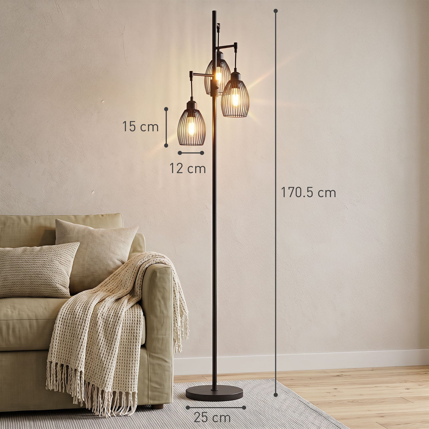 3-Light Floor Lamp, 170cm Industrial Dimmable Standing Lamp with Steel Wire Cage Lampshades for Living Room, Bedroom