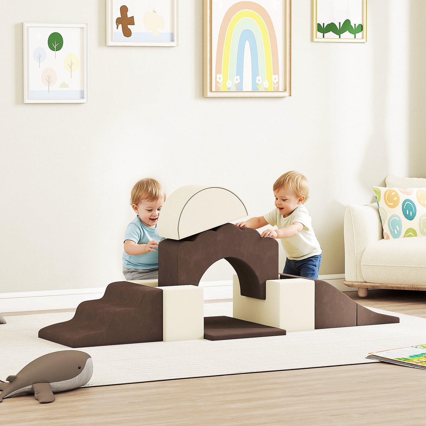 7 Piece Kids Soft Play Set with Detachable Cover, Baby Indoor Climb and Crawl Foam Toys for Toddlers, Brown