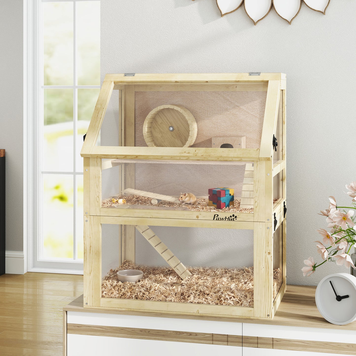 Wooden Hamster Cage with Detachable 32cm Deep Bottom, Hut, Seesaw, Exercise Wheel, Ramp, 60 x 40 x 75cm, Natural