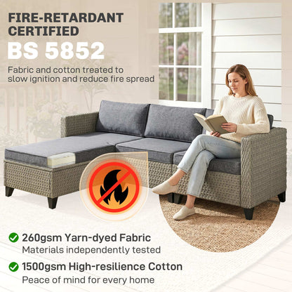 5-Piece Rattan Patio Furniture Set with Corner Sofa, Footstools, Coffee Table, for Poolside, Dark Grey