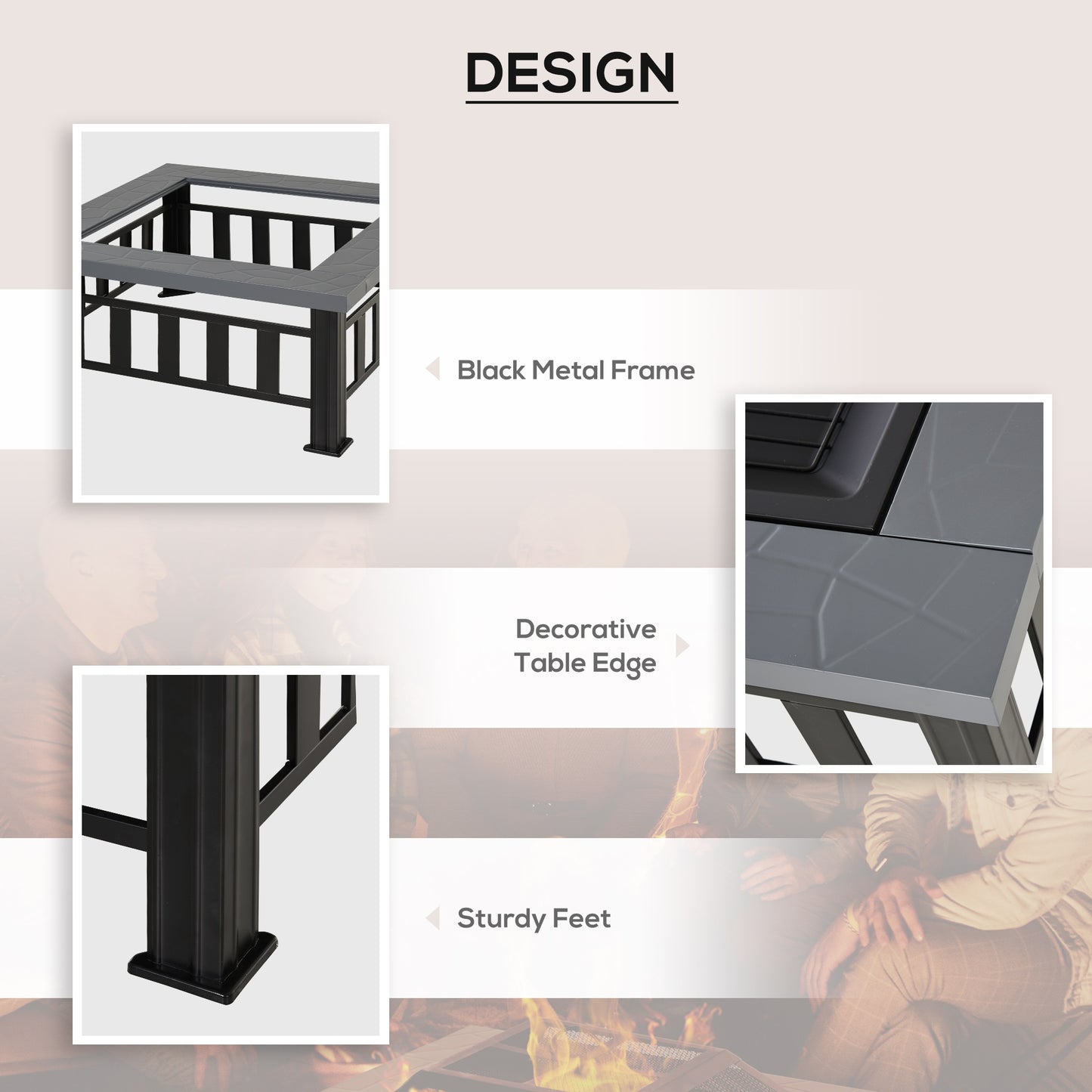 Metal Large Firepit Outdoor Square Fire Pit Brazier with Rain Cover, Lid, Log Grate, Poker for Backyard, Camping, BBQ