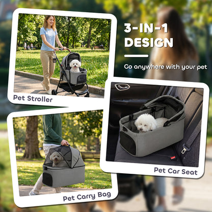 Dog Stroller, 3 in 1 Foldable Pet Stroller for Small Puppy Cat with Detachable Travel Carrier, Storage Basket, Grey