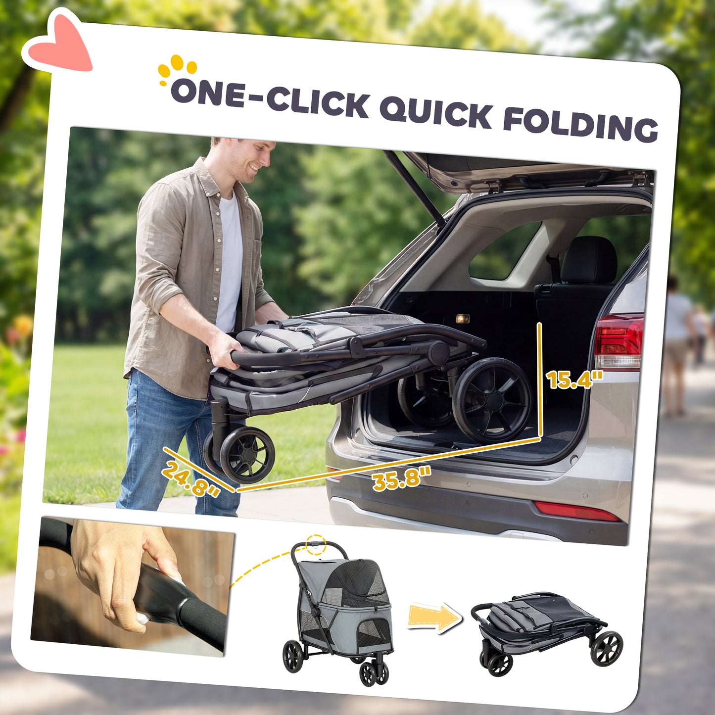 Dog Stroller, 3 Wheels Pet Stroller with Dual Entry, Easy One-Click Quick Fold, Mesh Windows, Washable Cushion