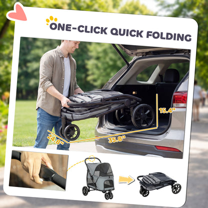 Dog Stroller, 3 Wheels Pet Stroller with Dual Entry, Easy One-Click Quick Fold, Mesh Windows, Washable Cushion