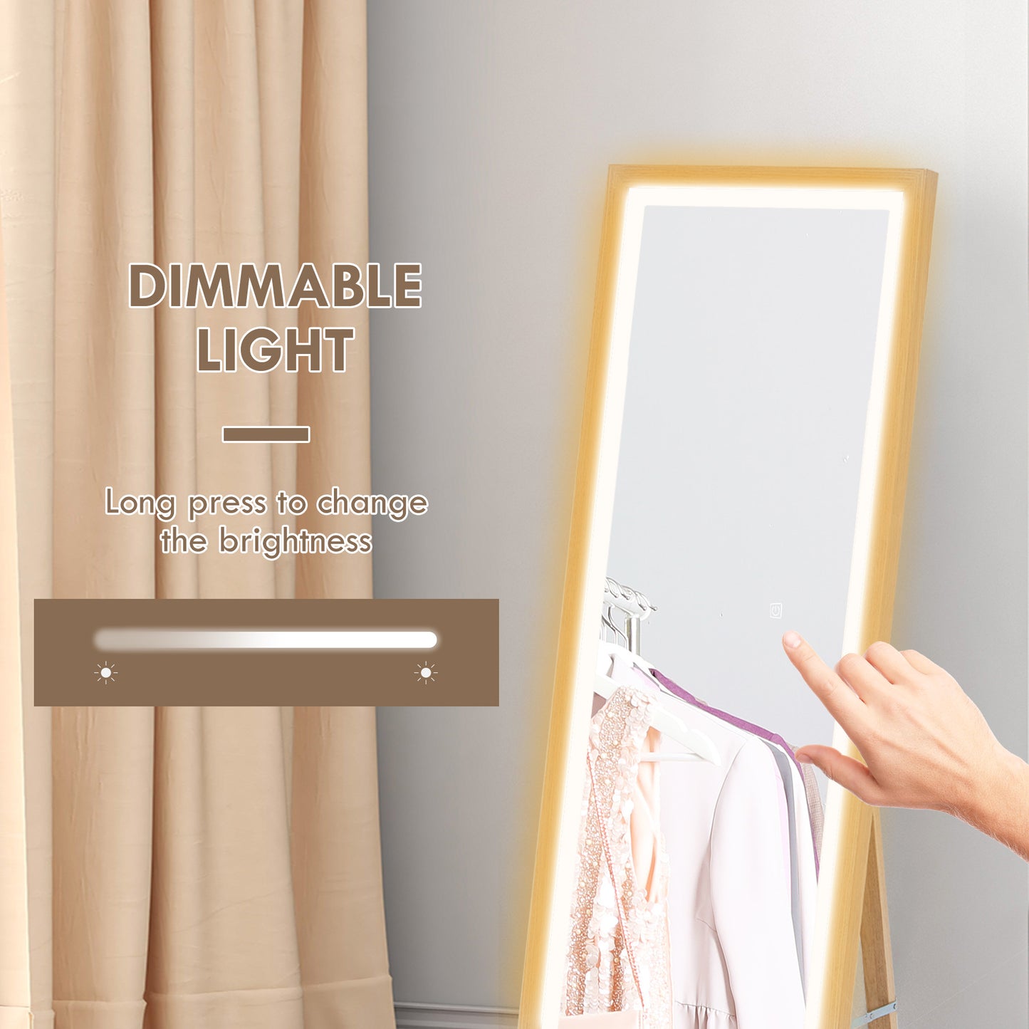 Full Length Mirror, with Adjustable Outer Light, Oak