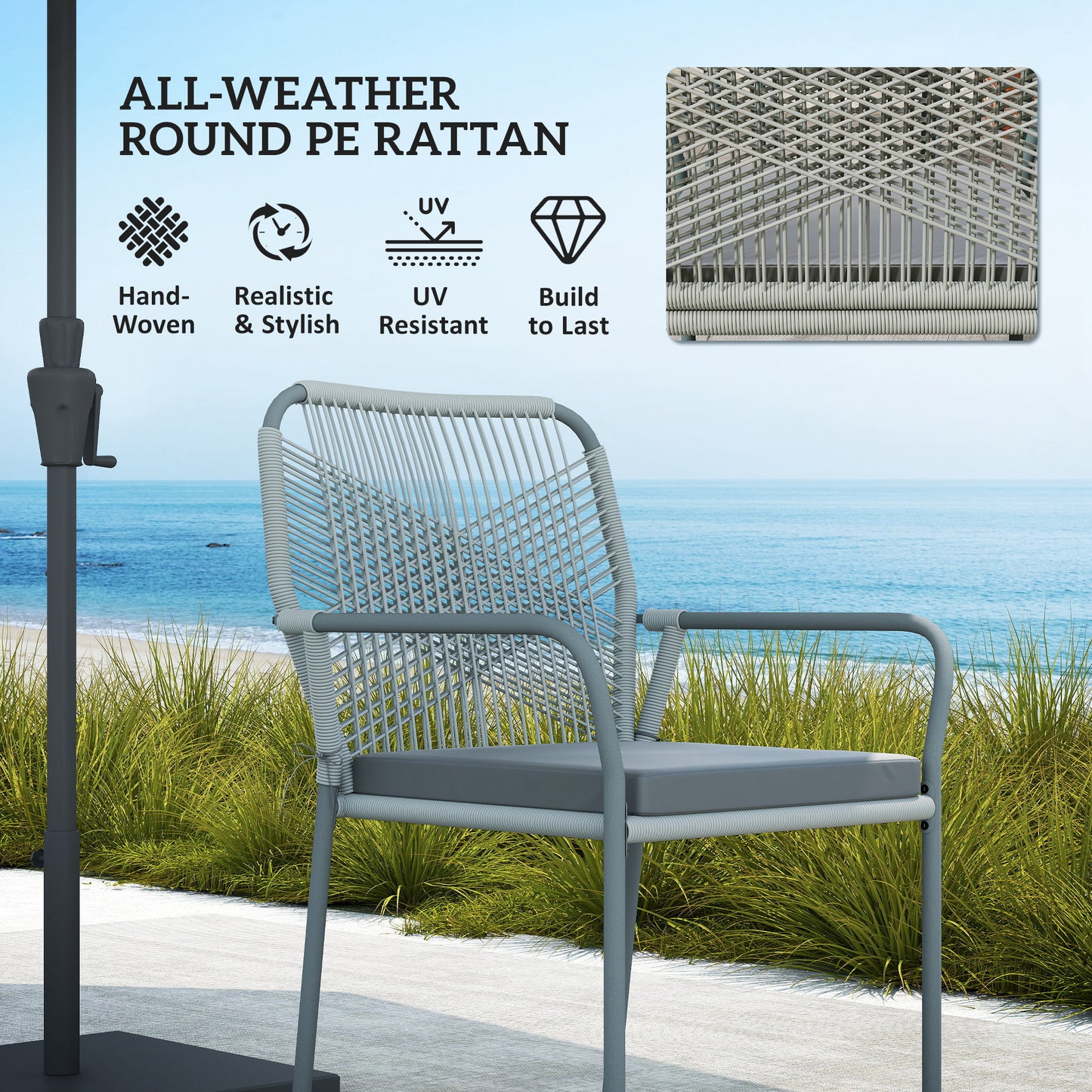 Five-Piece PE Rattan Garden Dining Set with Cushions & Stackable Chairs - Light Grey