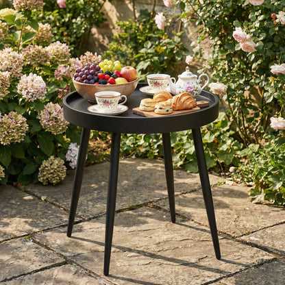 49.5 cm Round Garden Table, Small Outdoor Coffee Side Table with Plastic Tray-Style Top, Metal Legs, Black