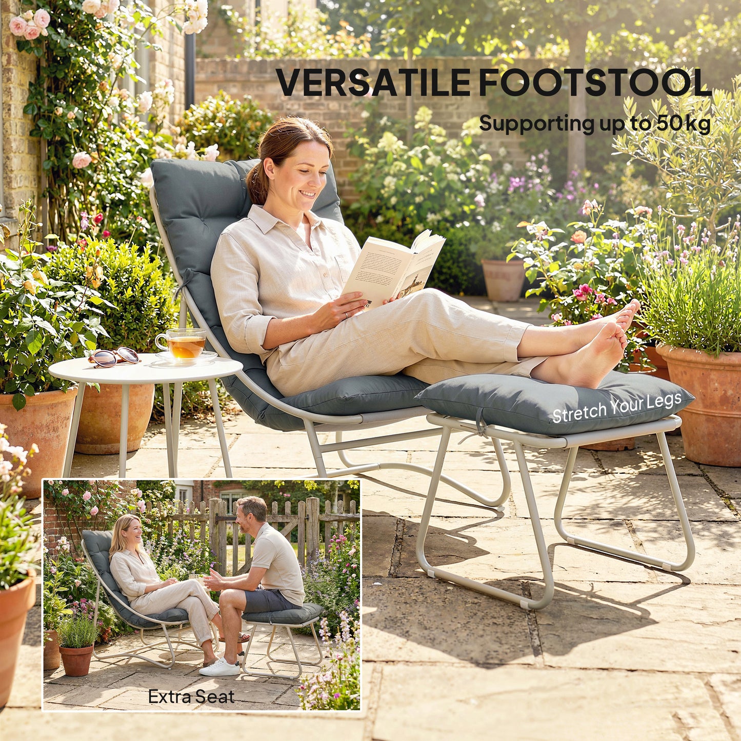 Bistro Set for Garden, 3 Piece Outdoor Table and Chair with Footstool and Removable Cushions, Comfy Balcony Furniture