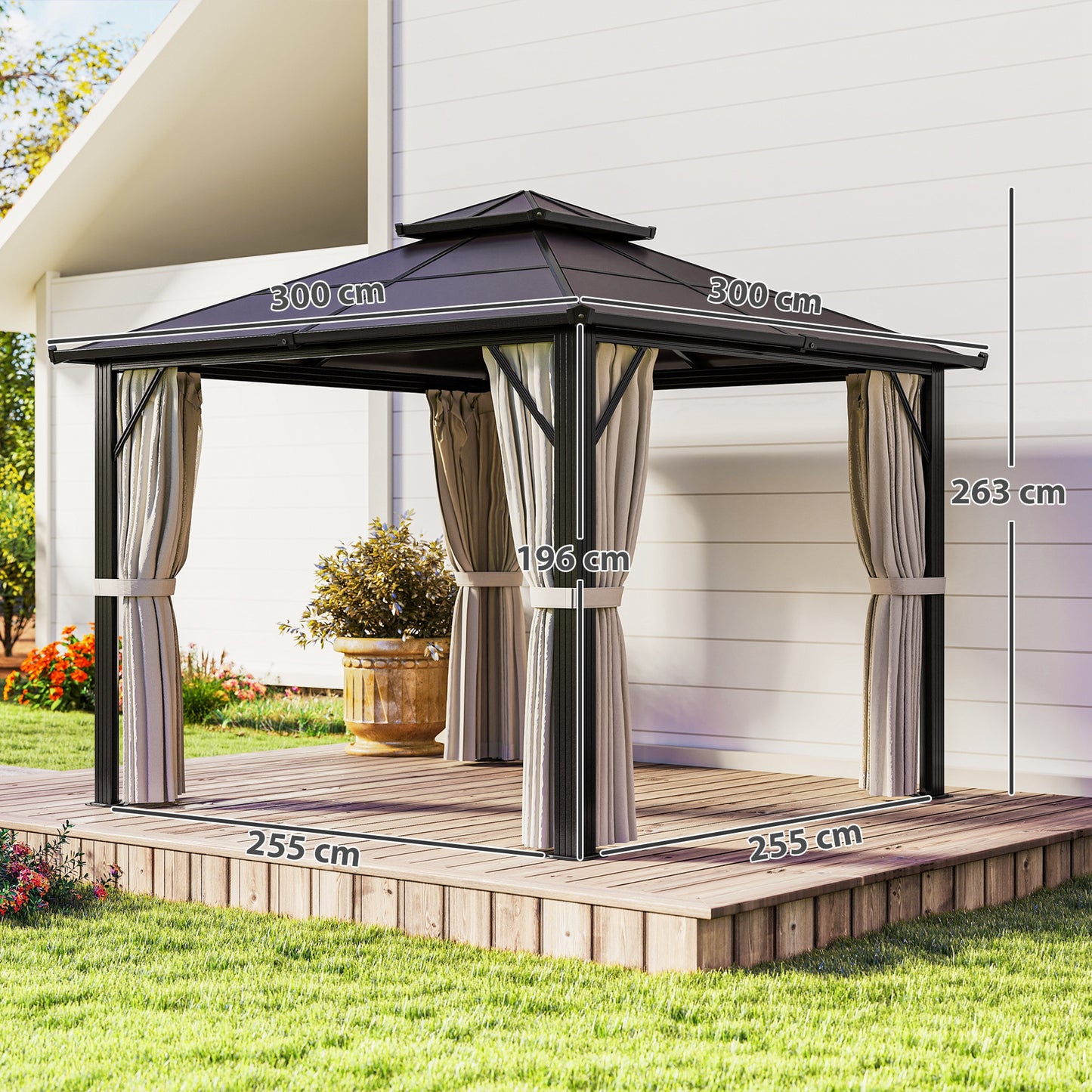 3 x 3(m) Hardtop Gazebo Canopy with UPF30+ Double Polycarbonate Roof, Aluminium Frame Garden Gazebo Permanent Pavilion