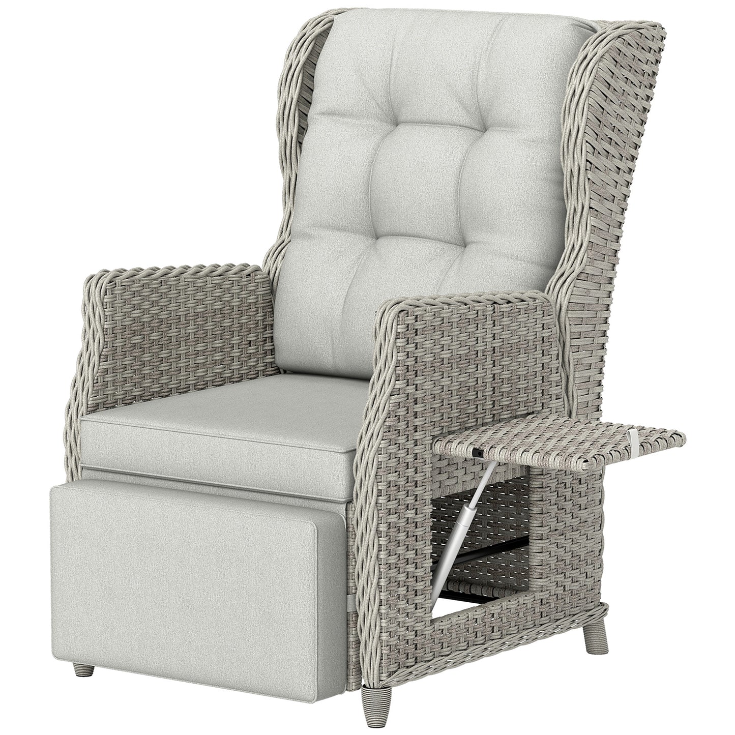 Rattan Garden Recliner Chair, Reclining Garden Chair with Adjustable Back and Footrest, Flip Table, Cushion, Light Grey