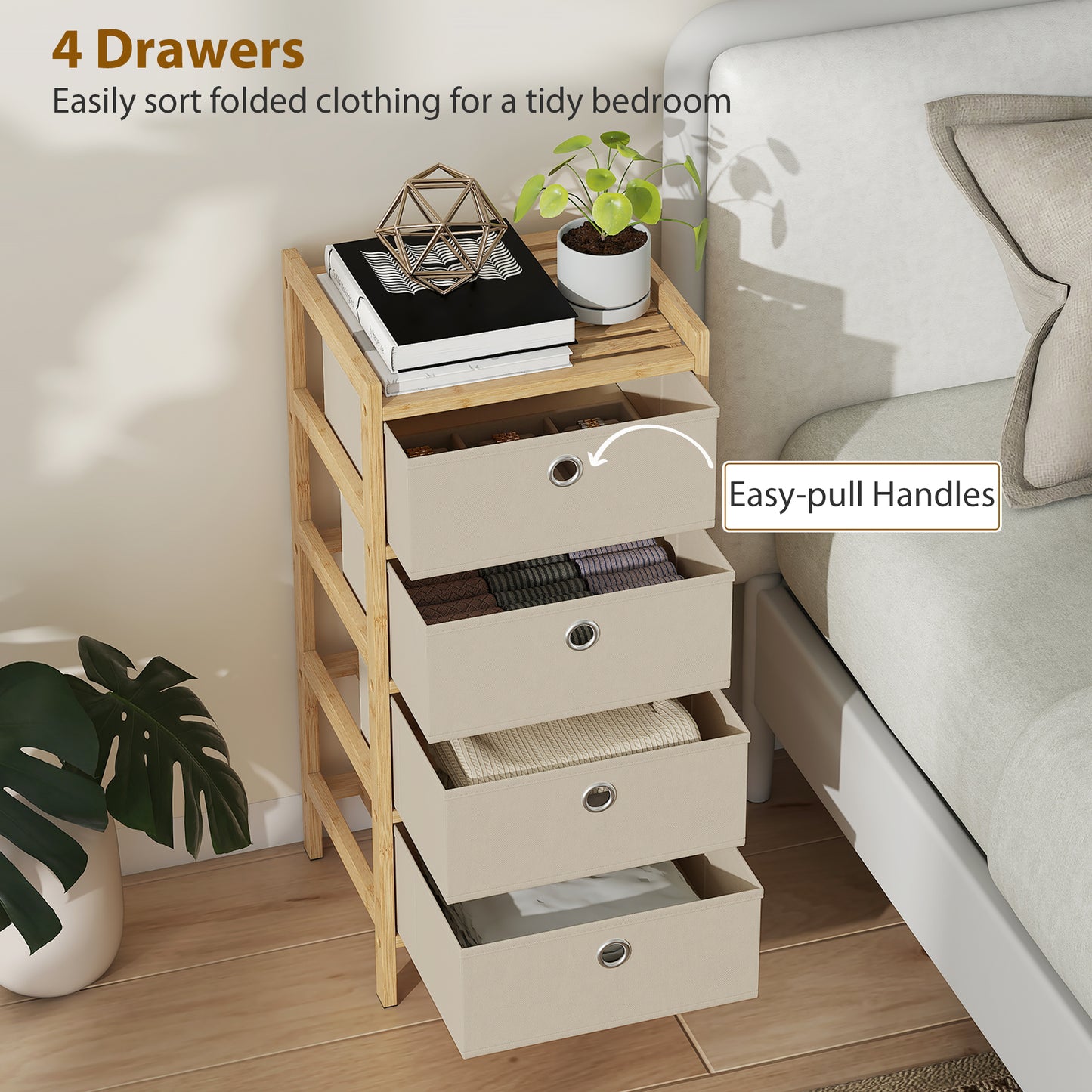 Chest of Drawers, 4 Fabric Drawers Narrow Dresser with Bamboo Frame, Cream White