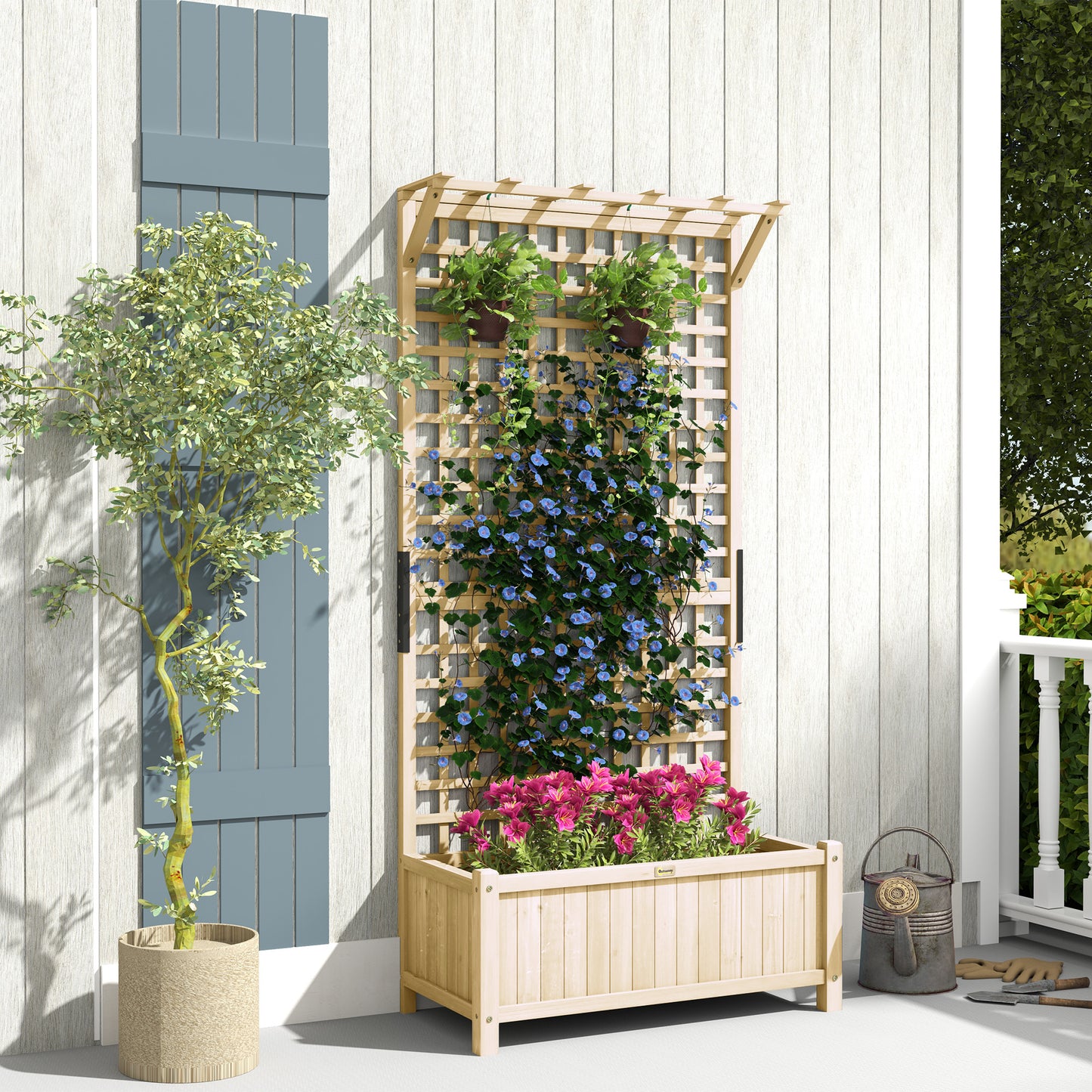 Raised Bed & Privacy Screen with Drainage Holes, Wood Planter with Trellis for Climbing Plants to Grow Vegetables, Flowers