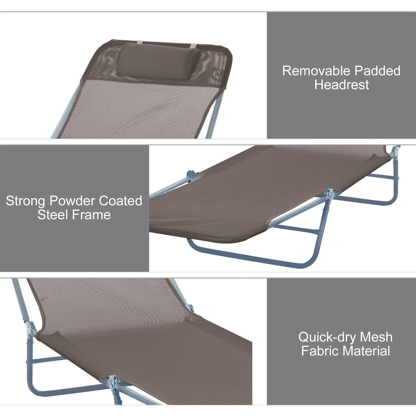 Outdoor Foldable Sun Lounger, Adjustable Backrest Garden Recliner Sun Lounger Chair with Headrest Pillow, Coffee