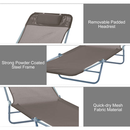 Outdoor Foldable Sun Lounger, Adjustable Backrest Garden Recliner Sun Lounger Chair with Headrest Pillow, Coffee
