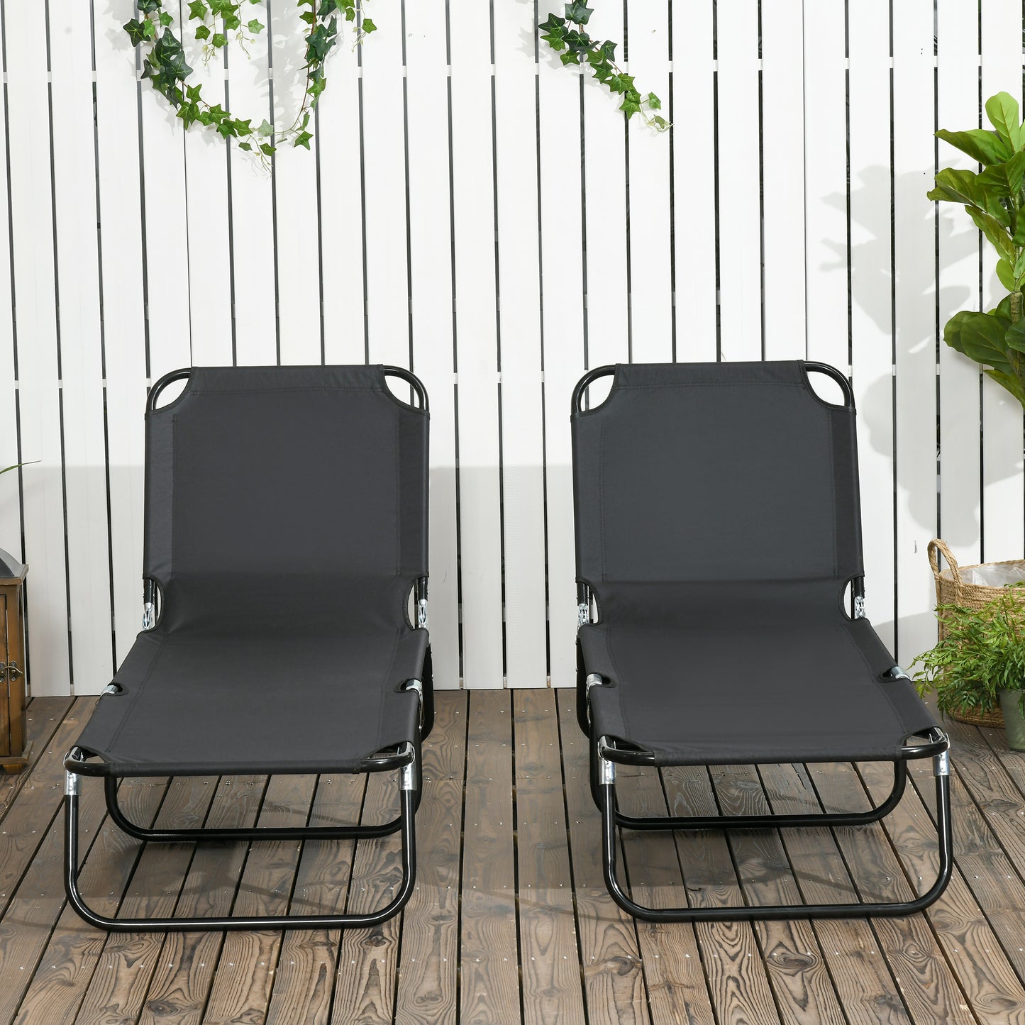 Set of Two Metal Frame Folding Sun Loungers - Black