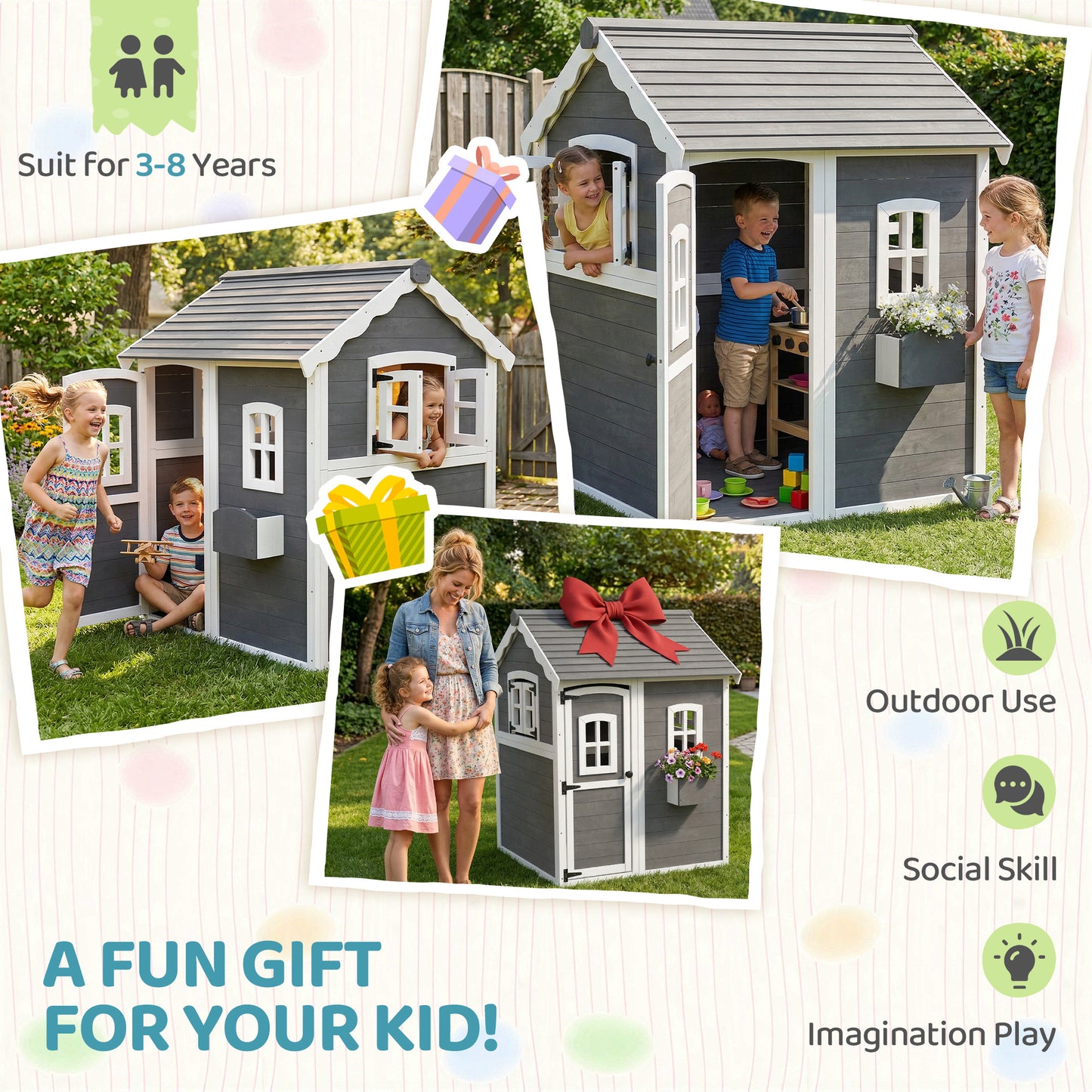 Wooden Playhouse for Kids with Doors, Windows, Plant Box, Floors, for Ages 3-8 Years, for Gardens, Lawns, Patios - Grey
