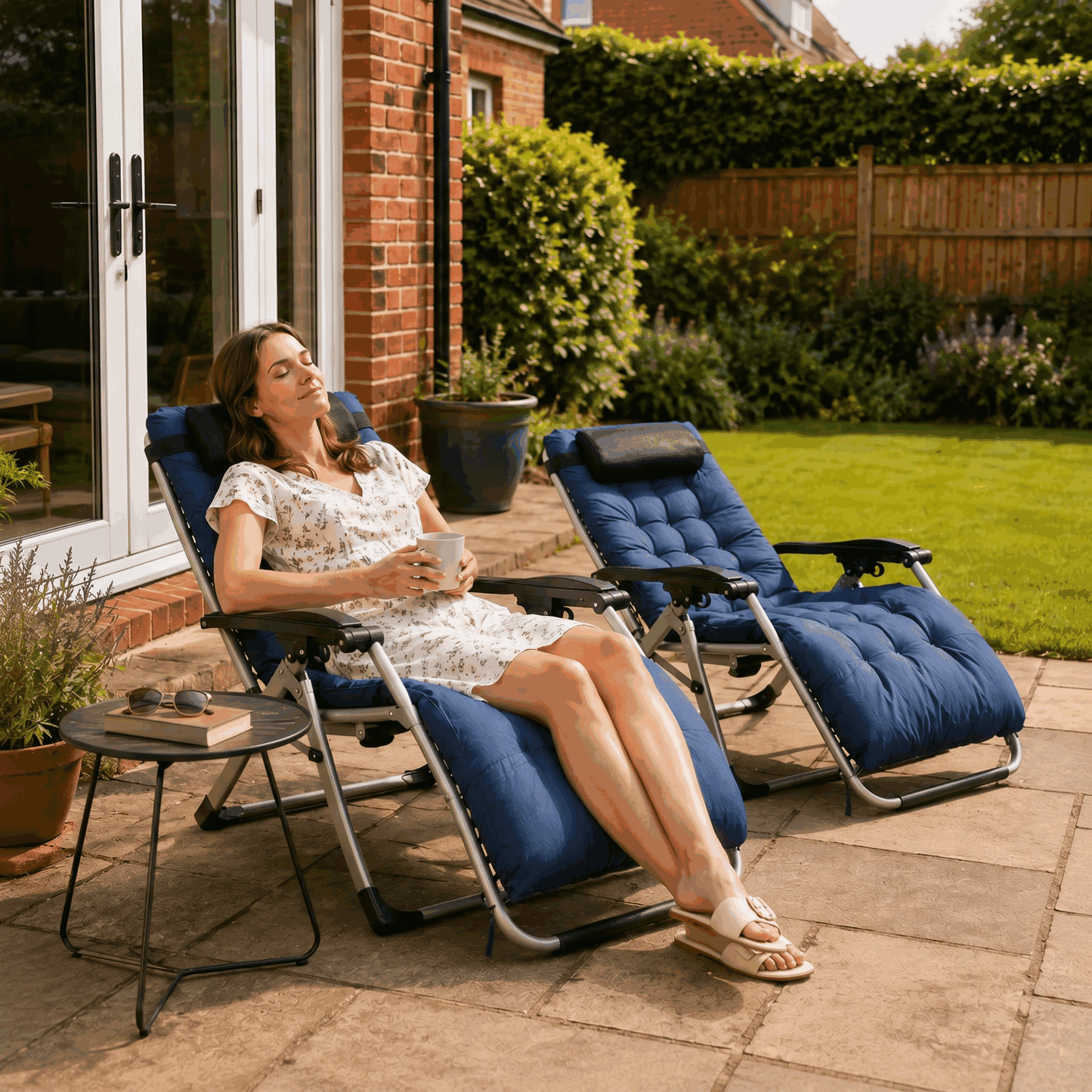 2pc Reclining Zero Gravity Sun Loungers ,Folding Chaise Lounge Chair with Cushions, Blue
