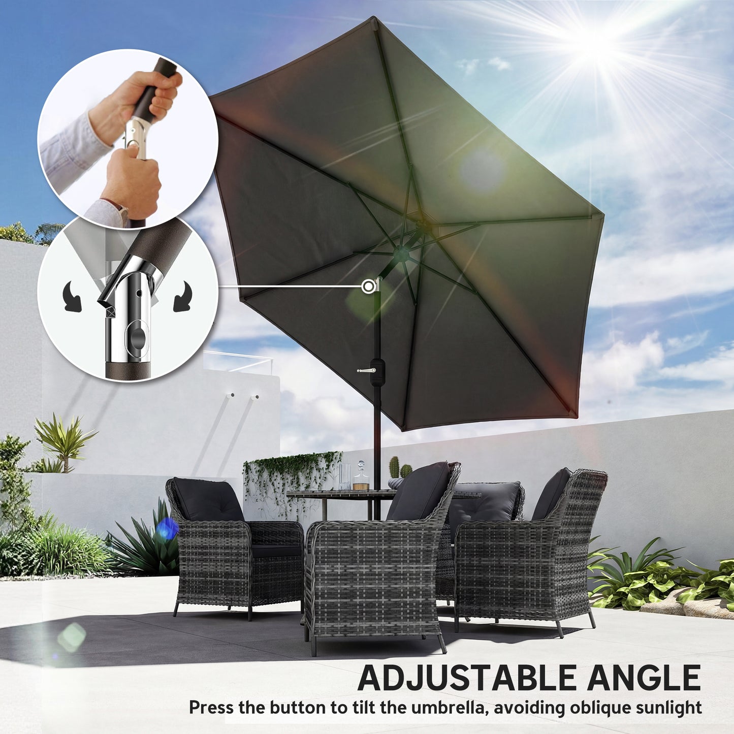 2.6 m Garden Parasol Umbrella with Aluminium Pole, Outdoor Patio Umbrella with Tilt and Crank, Vent, Black