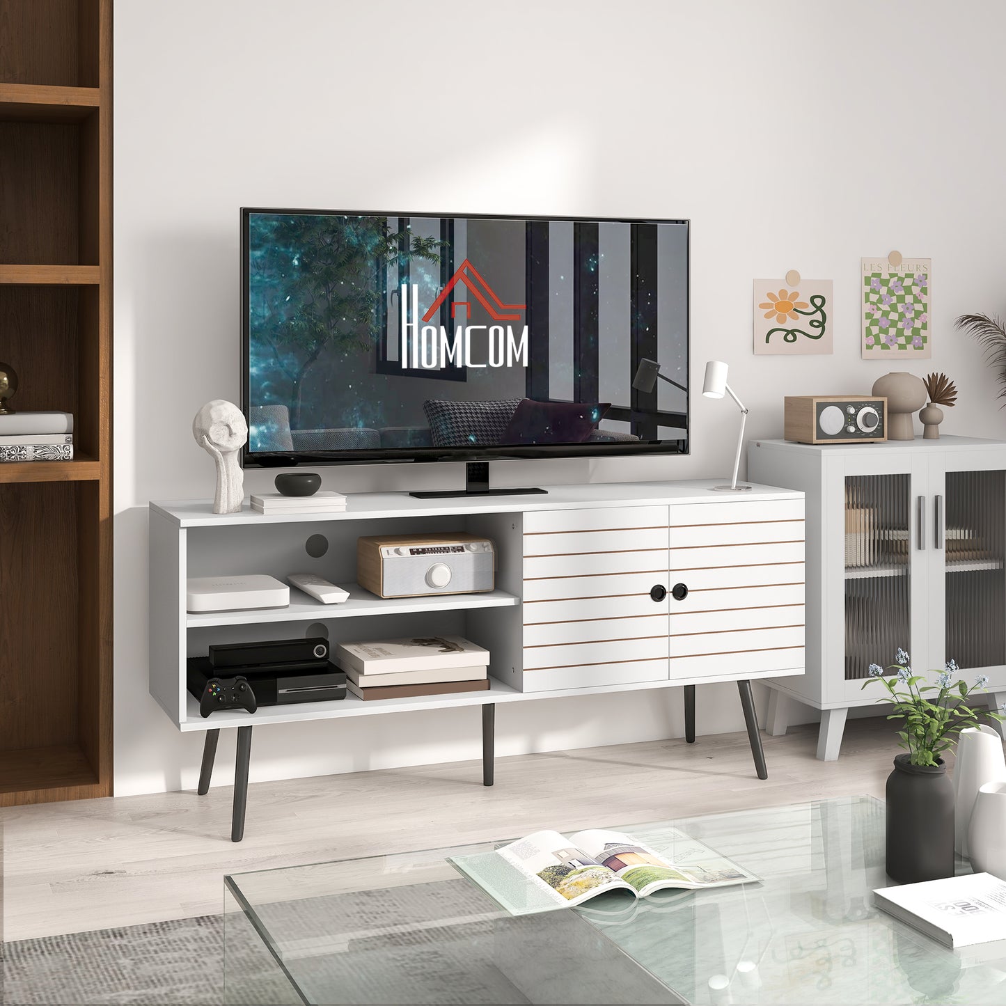 TV Stand with Cupboard, Open Shelves, Striped Doors, Wooden legs, White