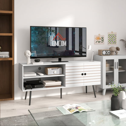 TV Stand with Cupboard, Open Shelves, Striped Doors, Wooden legs, White