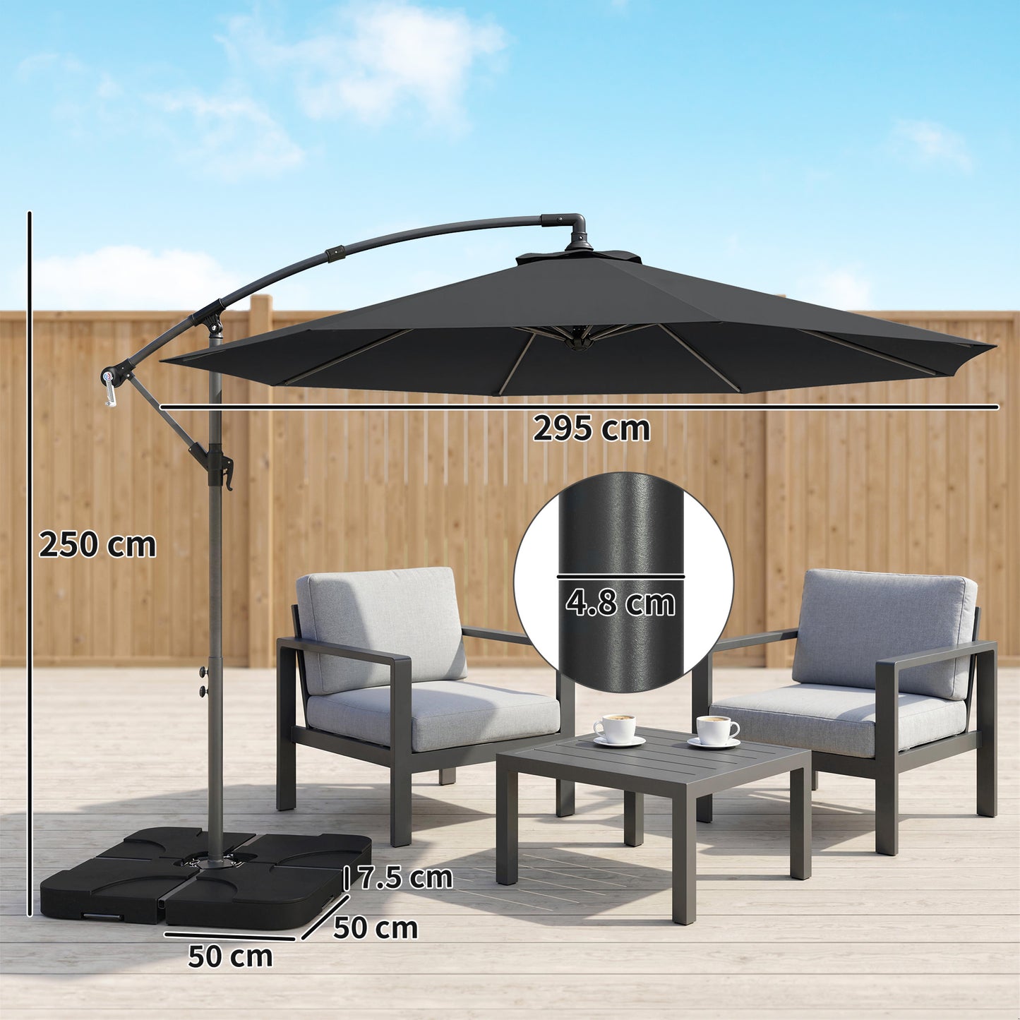 3m Overhanging Parasol, with Base, Weights and Cover - Black