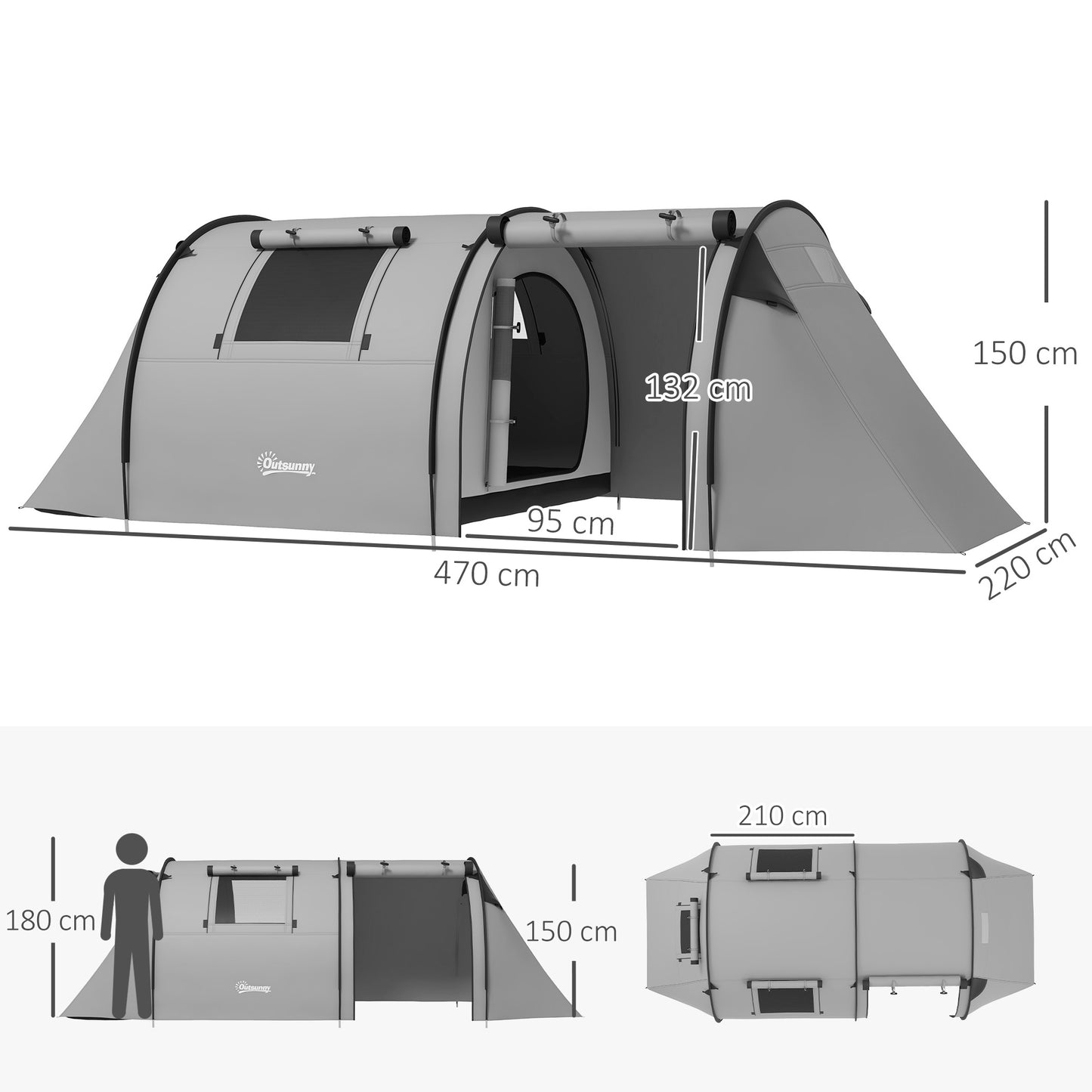 Four Man Duo Room Tunnel Tent, with Accessories - Grey