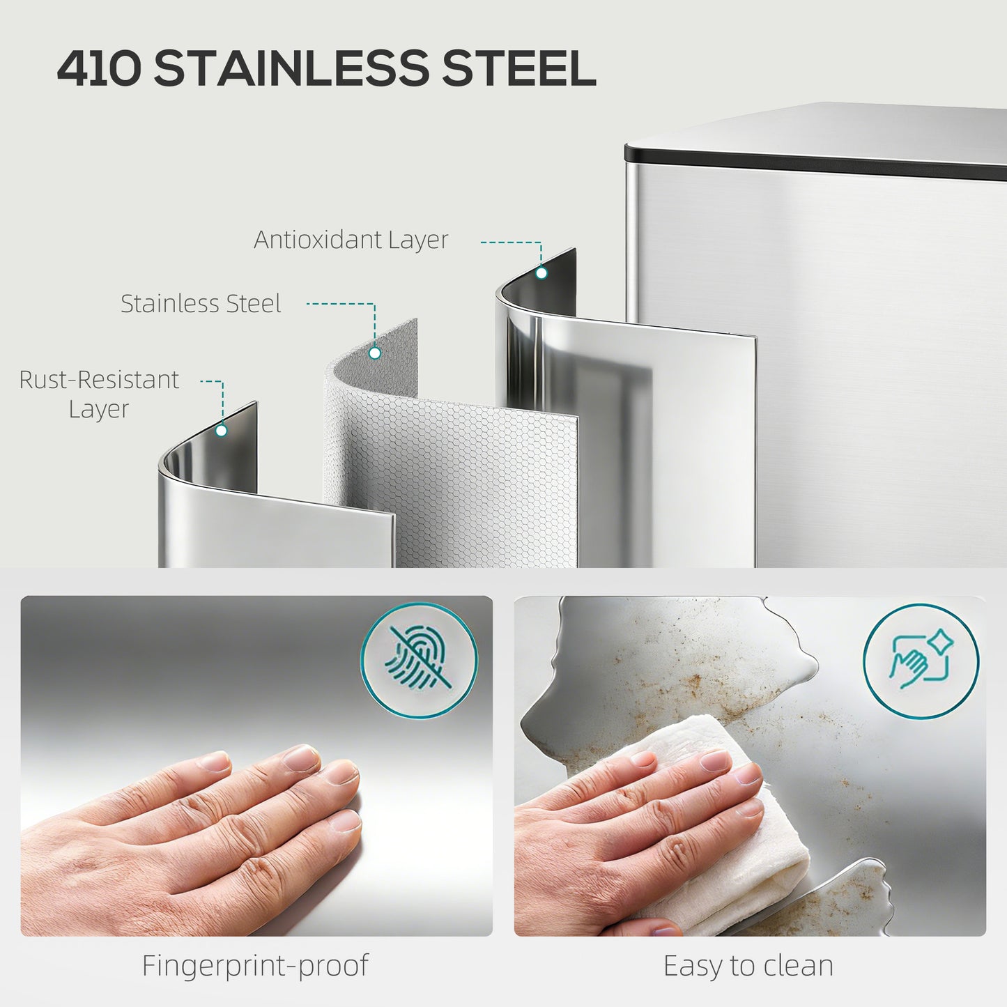 60L Dual Compartment Stainless Steel Bin, with Deodoriser Holders - Silver Tone