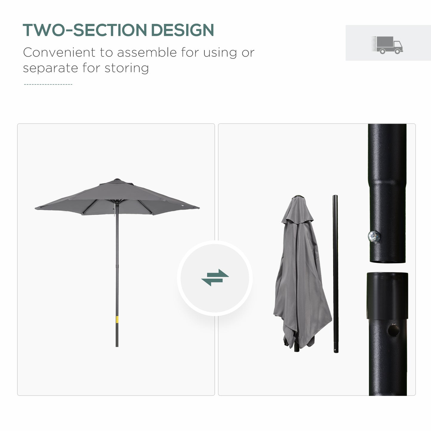 2m Garden Parasol Umbrella, Outdoor Sun Shade with 6 Sturdy Ribs for Balcony, Bench, Garden, Dark Grey