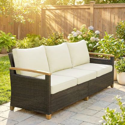 3 Seater Rattan Garden Sofa, PE Wicker Outdoor Sofa Wide Deep Seat, 4" Cushions, Wood-Effect Armrests Legs, Brown