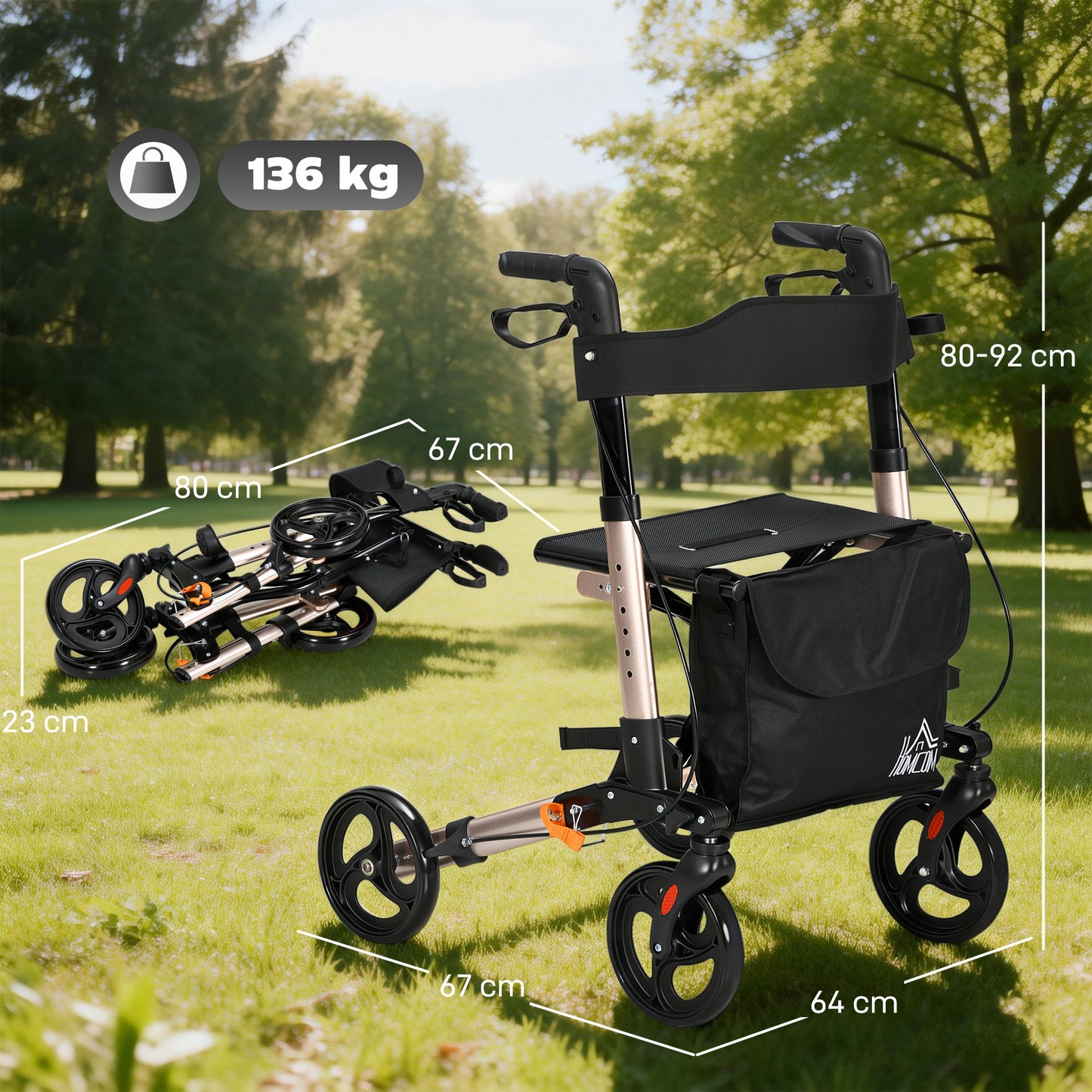 Rollator Walker with Seat with Carry Bag, Adjustable Height, Cane Holder for Seniors and Disabled, Gold Tone