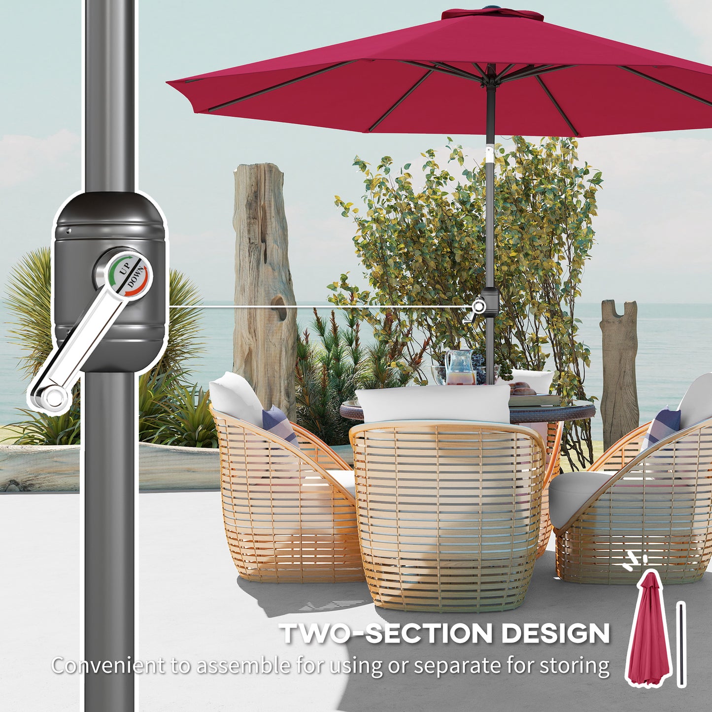 3(m) Tilting Parasol Garden Umbrellas, Outdoor Sun Shade with 8 Ribs, Tilt and Crank Handle for Balcony, Bench, Garden