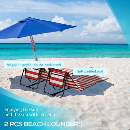 Set of 2 Foldable Garden Beach Chair Mat, Outdoor Sun Lounger Seats with Adjustable Back, Magazine Pocket, Carry Strap