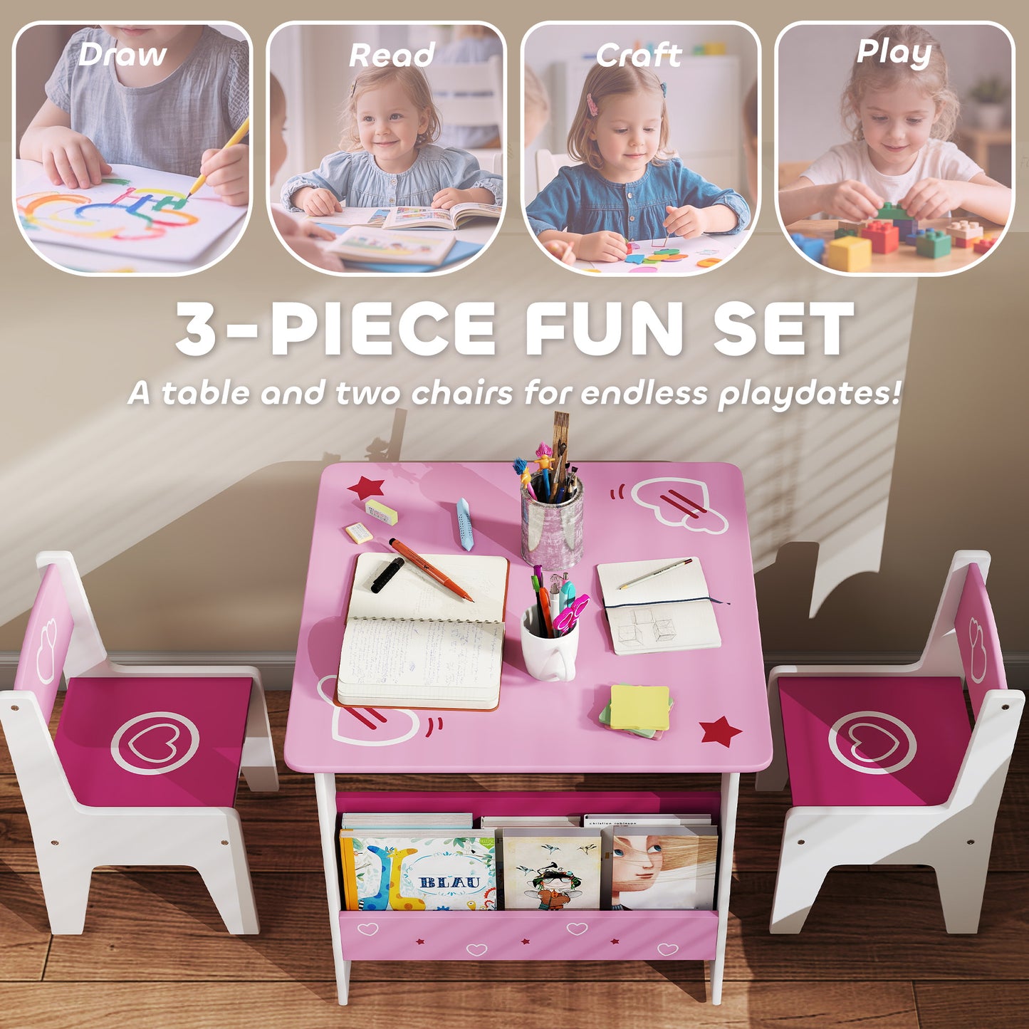 3 Pieces Kids Table and Chair Set, Toddler Activity Table with Bookshelves, for Living Room, Nursery, Playroom, Pink