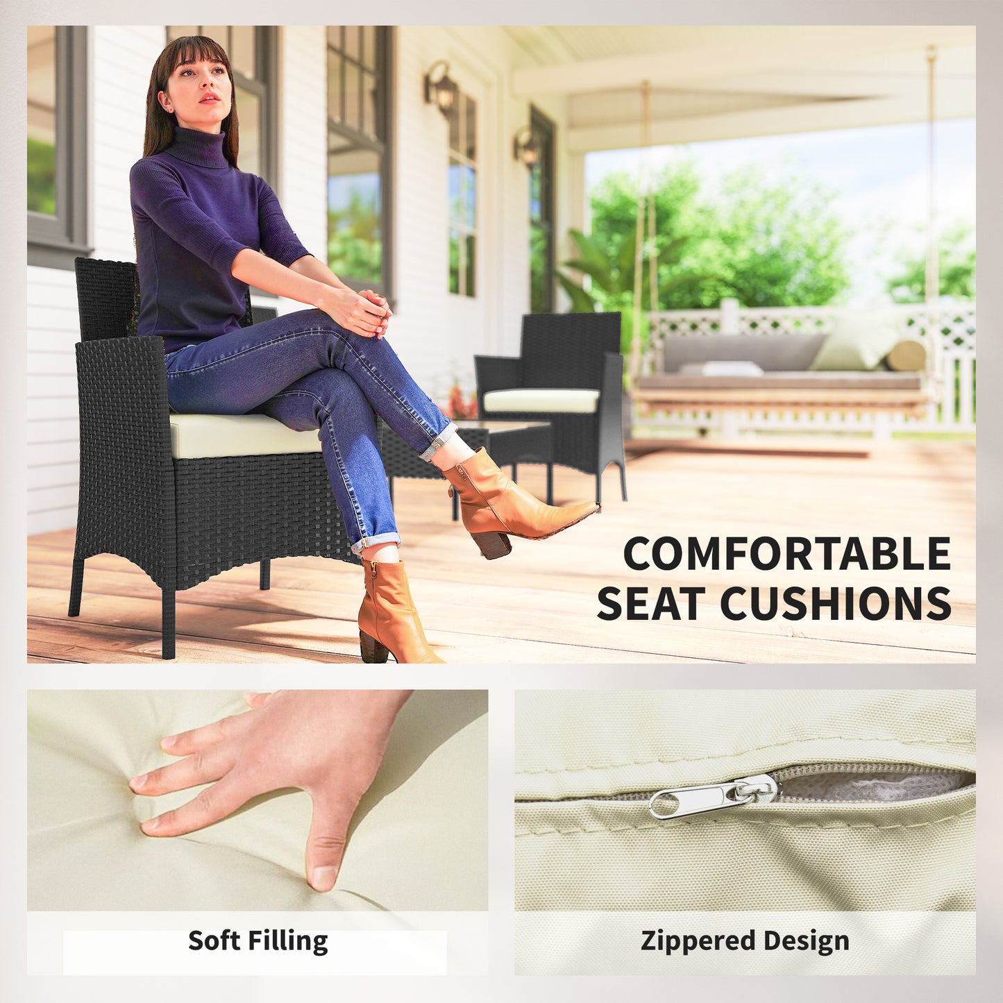 4 Piece Rattan Garden Furniture Sofa Set with Loveseat, Armchairs, Glass-Top Coffee Table and Cushions, Cream White