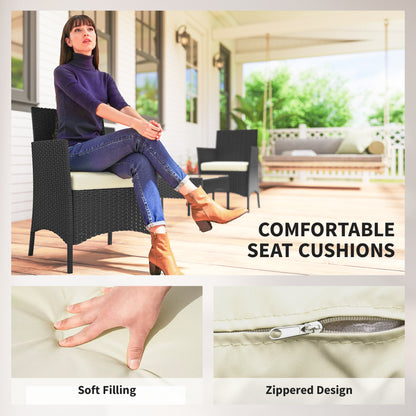 4 Piece Rattan Garden Furniture Sofa Set with Loveseat, Armchairs, Glass-Top Coffee Table and Cushions, Cream White