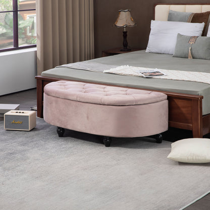 Semi-Circle Ottoman Storage Bench, Bed End Bench, Tufted Upholstered Window Seat Footrest Stool with Rubberwood Legs for Bedr
