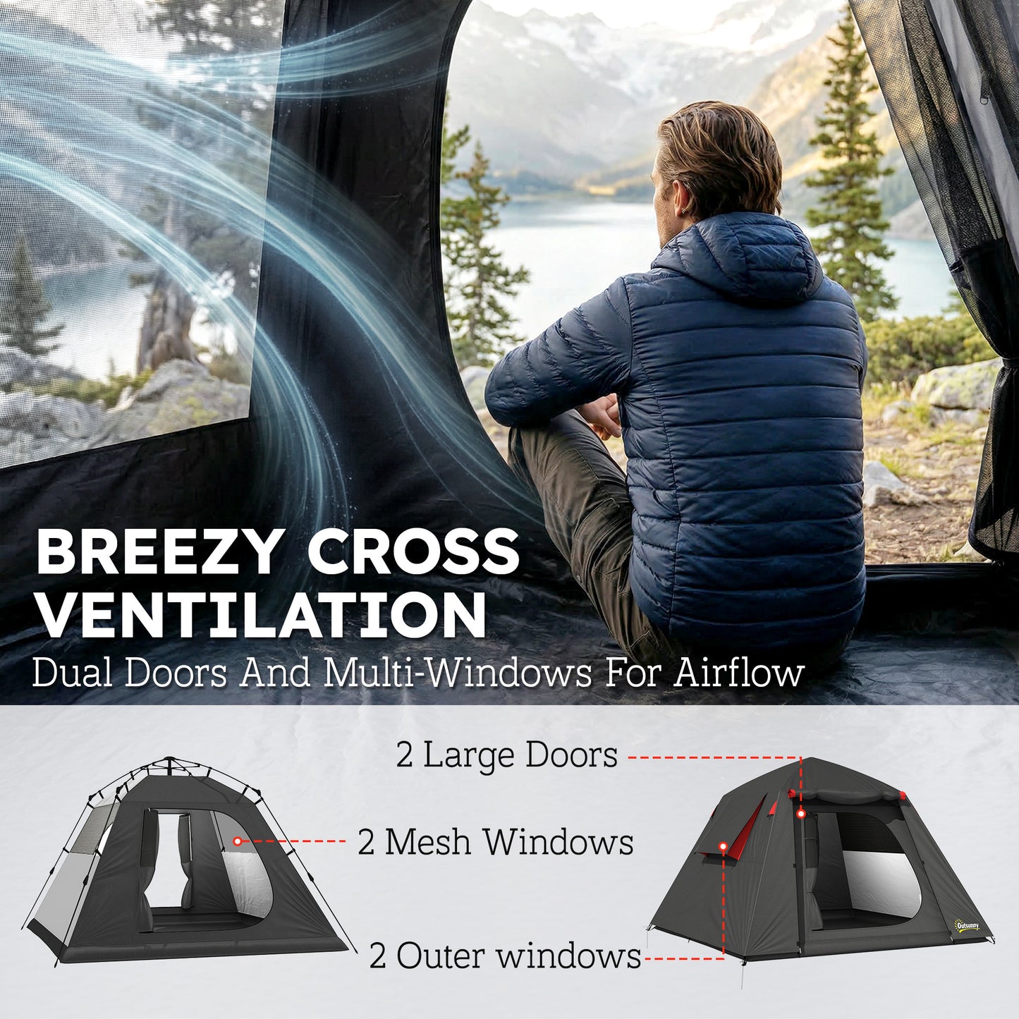 Camping Tent 3000mm Waterproof Tent with 2 Doors, Dark Grey and Red