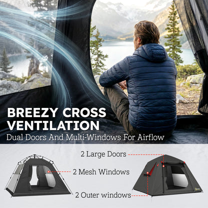 Camping Tent 3000mm Waterproof Tent with 2 Doors, Dark Grey and Red