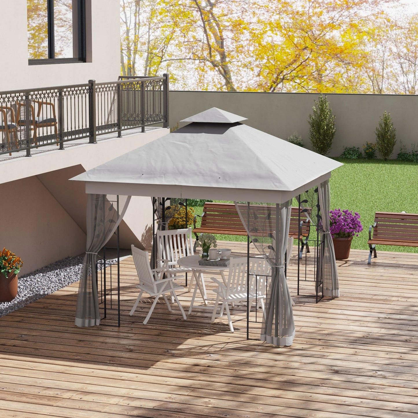 3 x 3m Steel Frame Double Roof Garden Gazebo - Light Grey