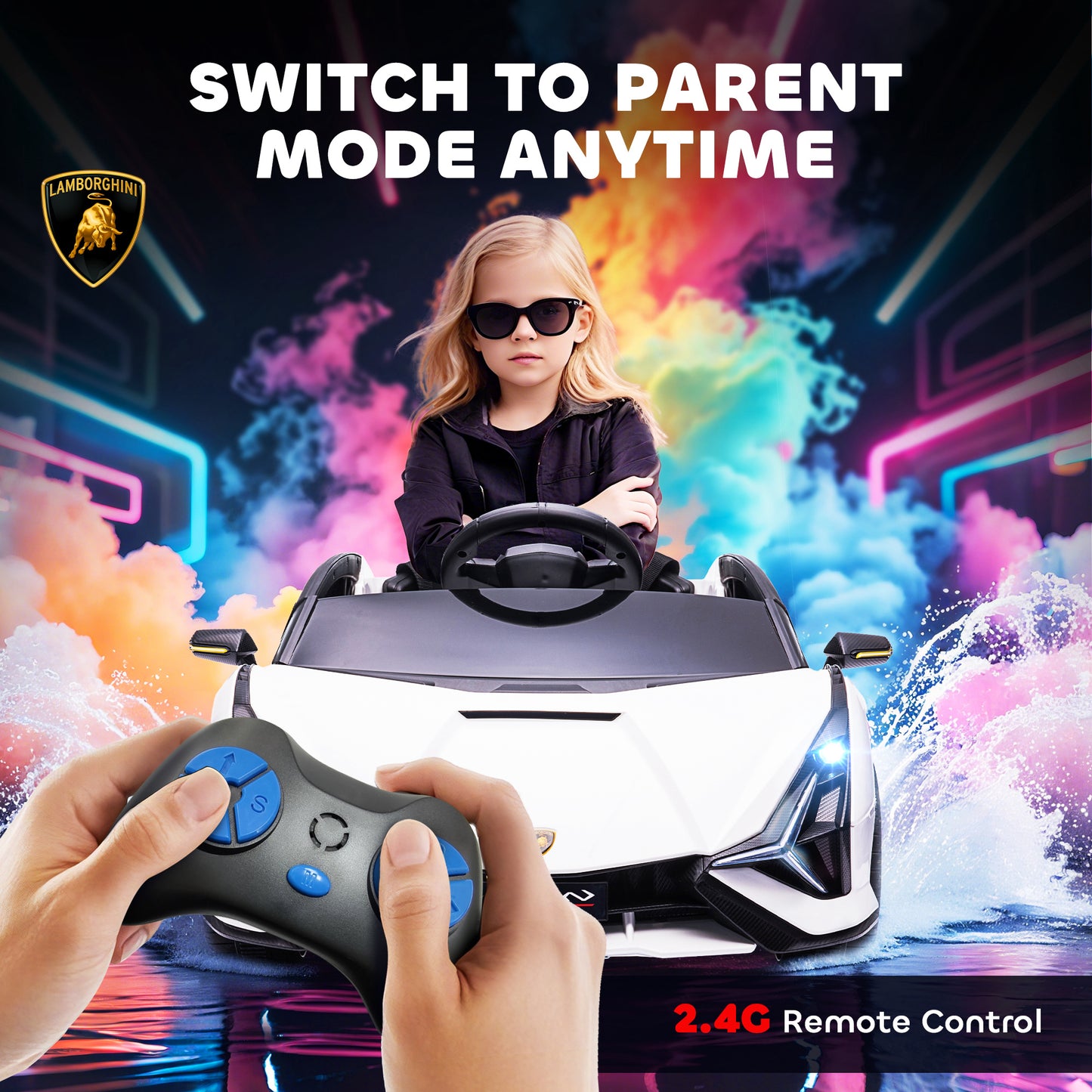 Lamborghini Sian Licensed Electric Car for Kids, 12V Kids Electric Ride on Car with Dual Motors, Remote Control, White