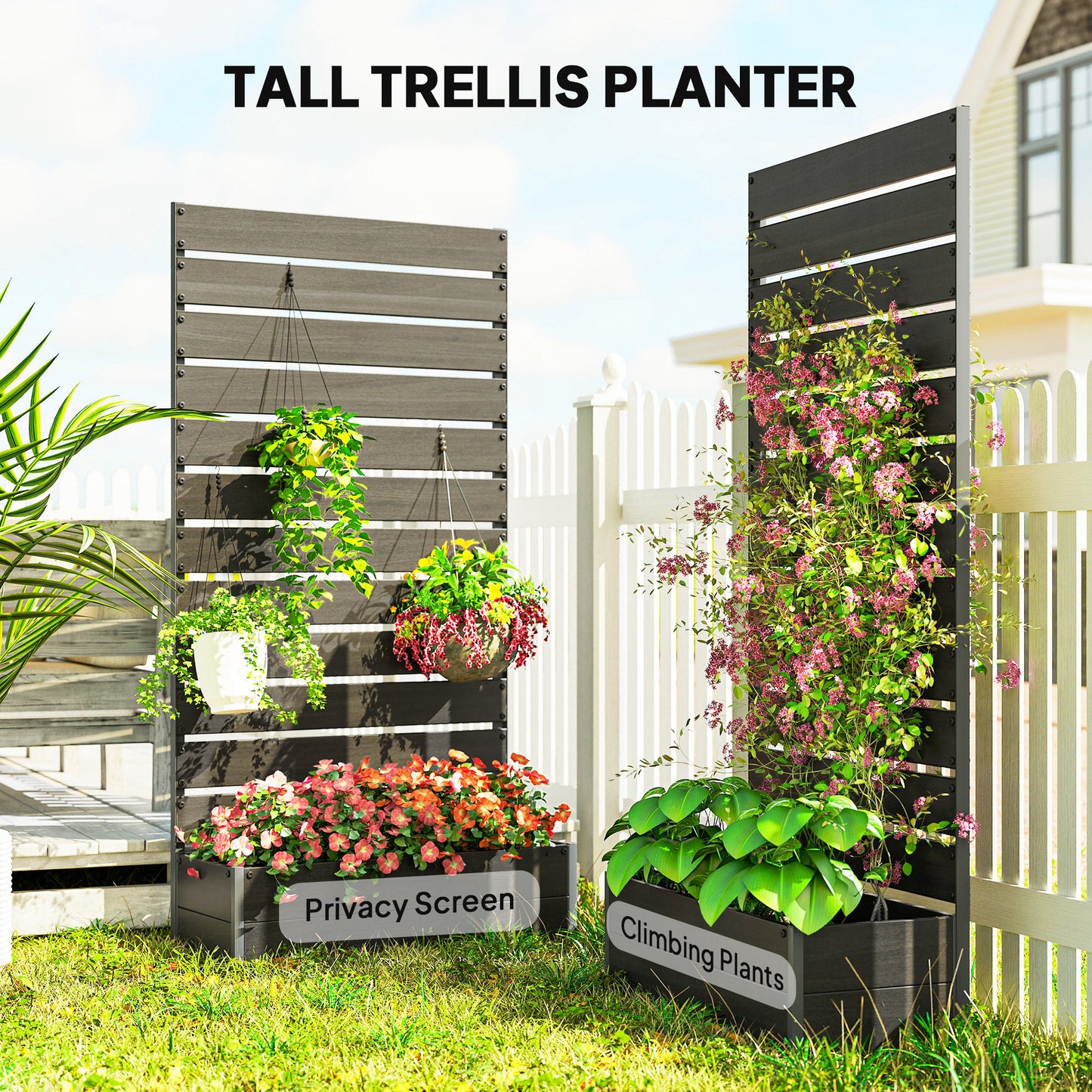 Raised Bed for Garden, Planter with Trellis for Climbing Plants, Vines, Planter Box with Drainage Gap, Black