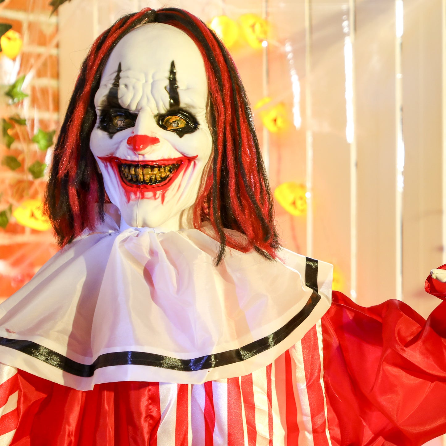 165 cm Life Size Halloween Animated Clown with Red Light Up Eyes, Sound Activated Moving Body